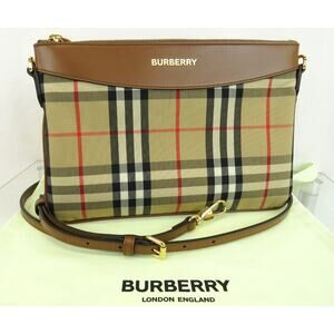 NWT BURBERRY PEYTON BROWN TAN LEATHER CHECK CANVAS CROSSBODY BAG Made in Italy